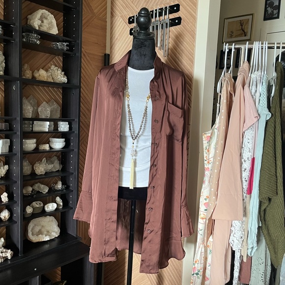Brown burgundy extra long collarless satin button down H&M long sleeve blouse - Picture 1 of 6